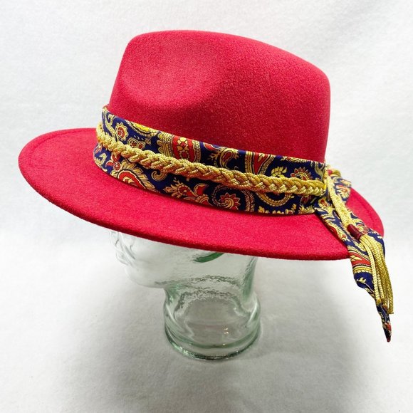 Custom Red Fedora with Gold Braid & Paisley Scarf Detail NWT main image 11
